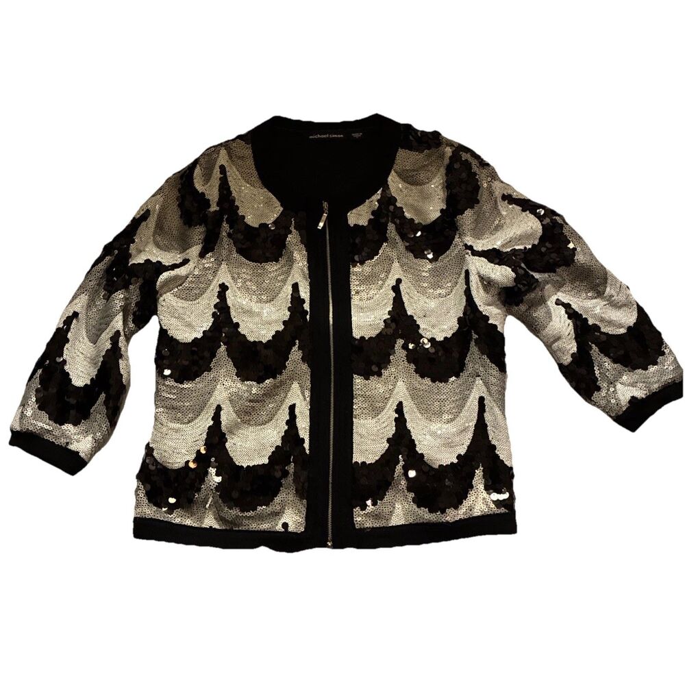 Michael Simon Women’s Large Black Gray Sequin Bomber Jacket Zip